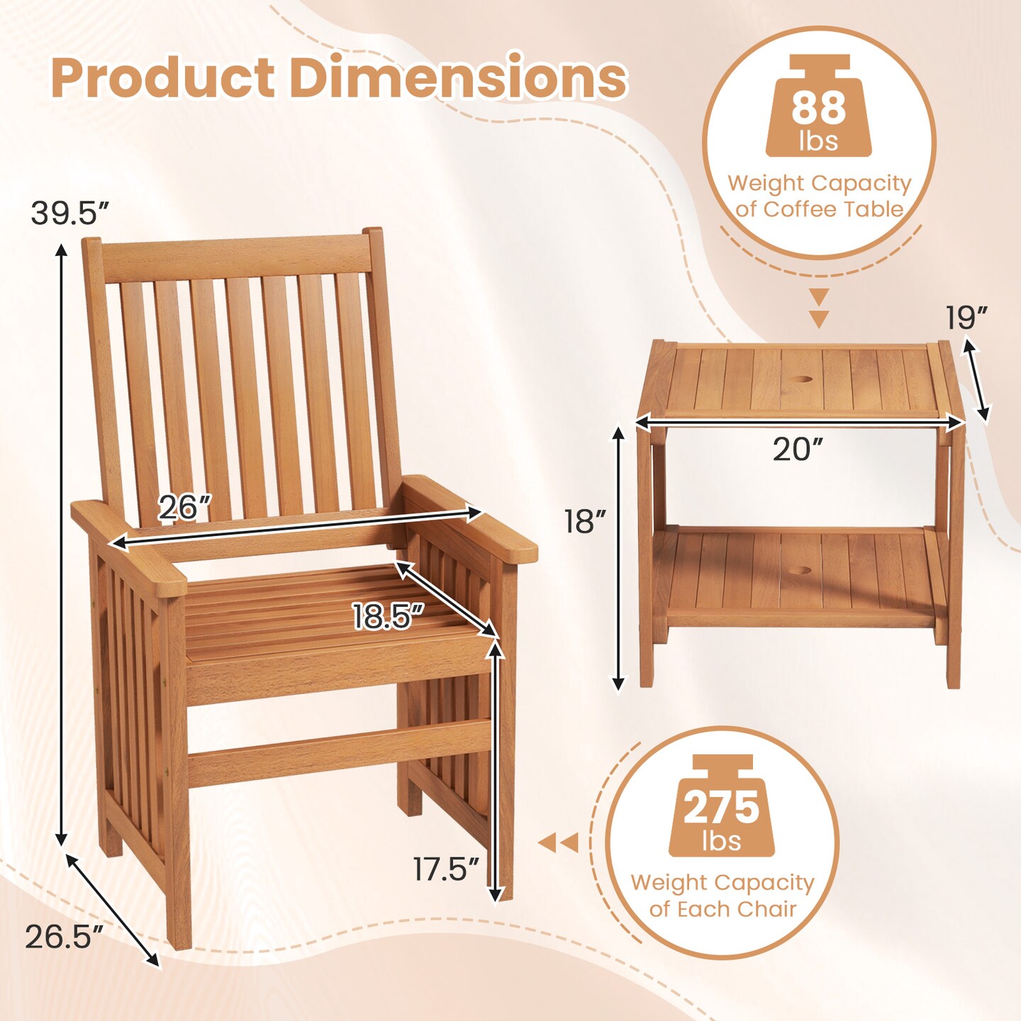 3 Pieces Patio Furniture Set With 1.5 Inch Umbrella Hole