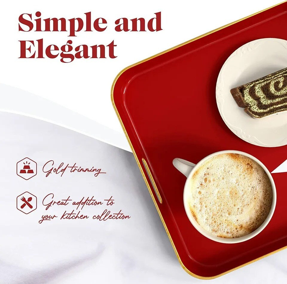 American Atelier Red Serving Square Tray with Gold Trimming &#x26; Handles