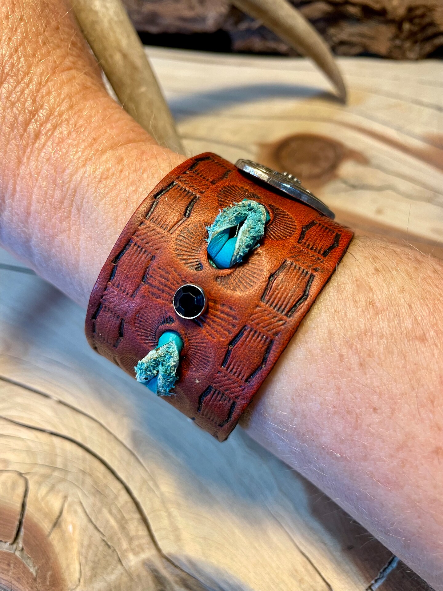 Brown Leather cuff bracelet, western tooled gift for women, floral