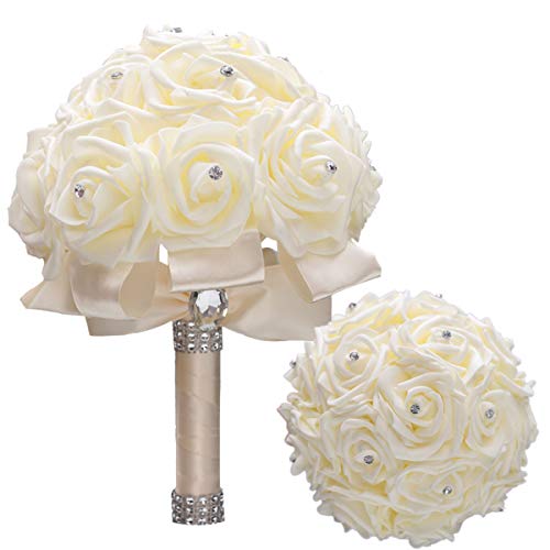 WIFELAI-A Ivory Cream Bouquet for Bride Bridesmaids with Diamond Soft Ribbons Artificial PE Rose Bridal Holding Flowers for Wedding, Party and Church(Dia:8.26inchH:10inch Ivory W2018)…