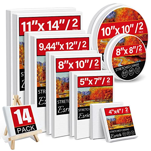 14 Packs Stretched Canvases for Painting,Multi Pack 11x14, 9.44x12, 8x10, 5x7, 4x4, Round Canvas with 8x8,10x10(2 of Each), Blank Primed Canvas for Oil Paint,Acrylic Paint,for Beginner,Artist.