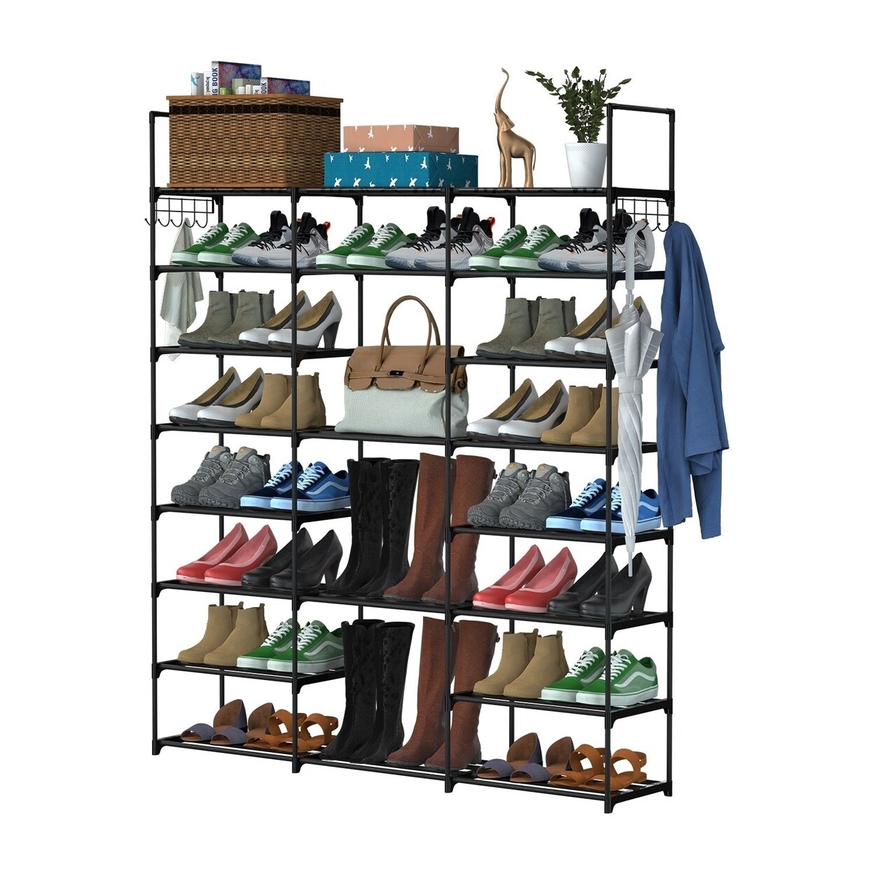 8-Tier 3-Row Shoe Rack Metal Shoe Storage Shelf Free Standing Large Shoe Stand 42 Pairs Shoe Tower Unit Tall Shoe