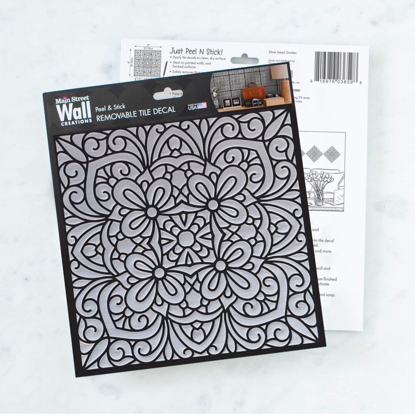 8 in x 8 in Silver Inked Garden Foil Peel and Stick Paper Tile Backsplash (24-Pack)