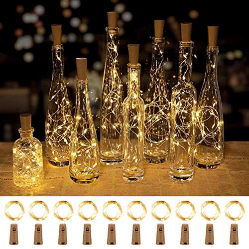 10 Pack Wine Bottle Lights with Cork, 20 LED Waterproof Battery Operated Cork Lights, Silver Wire Mini Fairy Lights for Liquor Bottles DIY Party Bar Christmas Holiday Wedding Déco