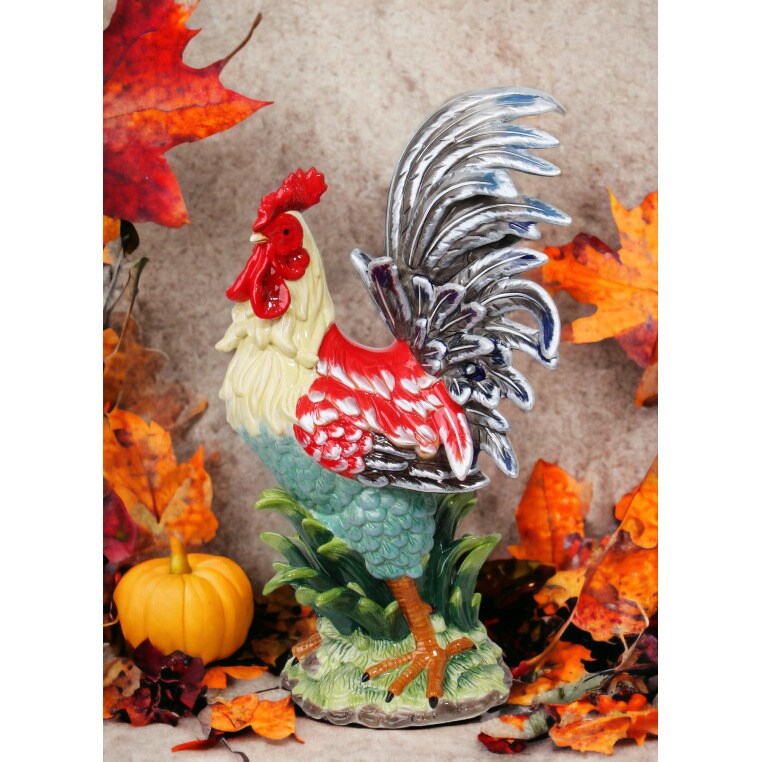 Hand Painted Ceramic Large Rooster Figurine In Red and Navy Ceramic Figurine