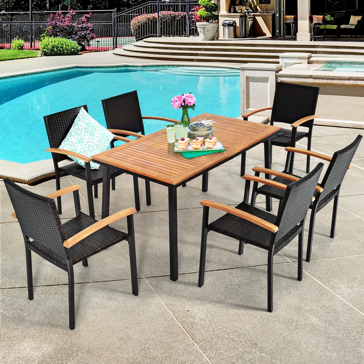 7Pcs Rattan Outdoor Dining Set Patio Furniture Set W/ Wooden Tabletop