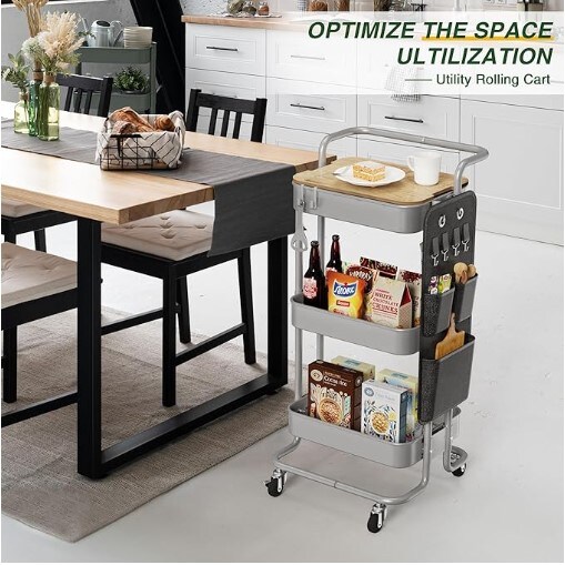 3 Tier Metal Rolling Cart with Table Top, Utility Cart with Wheels and Side Bags, Rolling Storage Cart for Teachers, Art Craft Cart with 4 Hooks for Kitchen, Bathroom, Office, and Classroom Gray