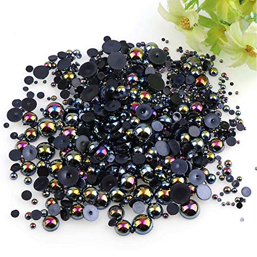 1000 Pieces Flatback Half Pearls, Mixed Size 4/6/8/10/12/14mm Flat Back Round Half Pearls Beads for Crafts Jewelry, Loose Beads Gem (Jet Black AB)