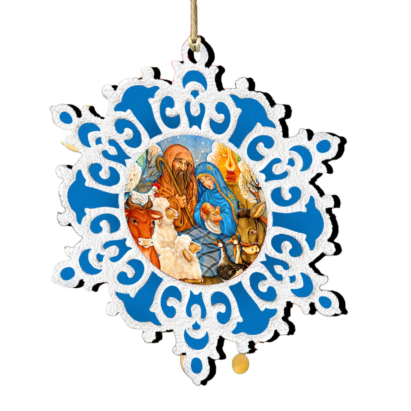 Designocracy Set of 2 Snowflake Nativity Scene Wooden Christmas Ornaments 5.5"