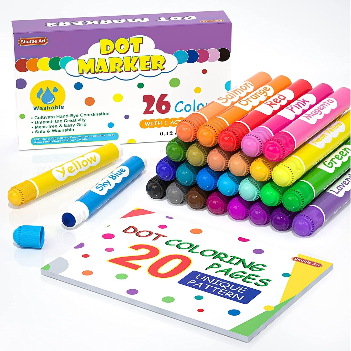 Washable Dot Markers 26 Colors with Free Activity Book, Fun Art Supplies  for Kids Toddlers and Preschoolers, Non Toxic Water-Based Paint Daubers,  Dot