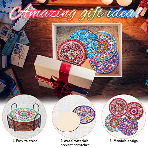 BSRESIN 8 Pcs Coasters with Holder, Mandala DIY Diamond Art Crafts for Adults, Small Diamond Painting Kits Accessories