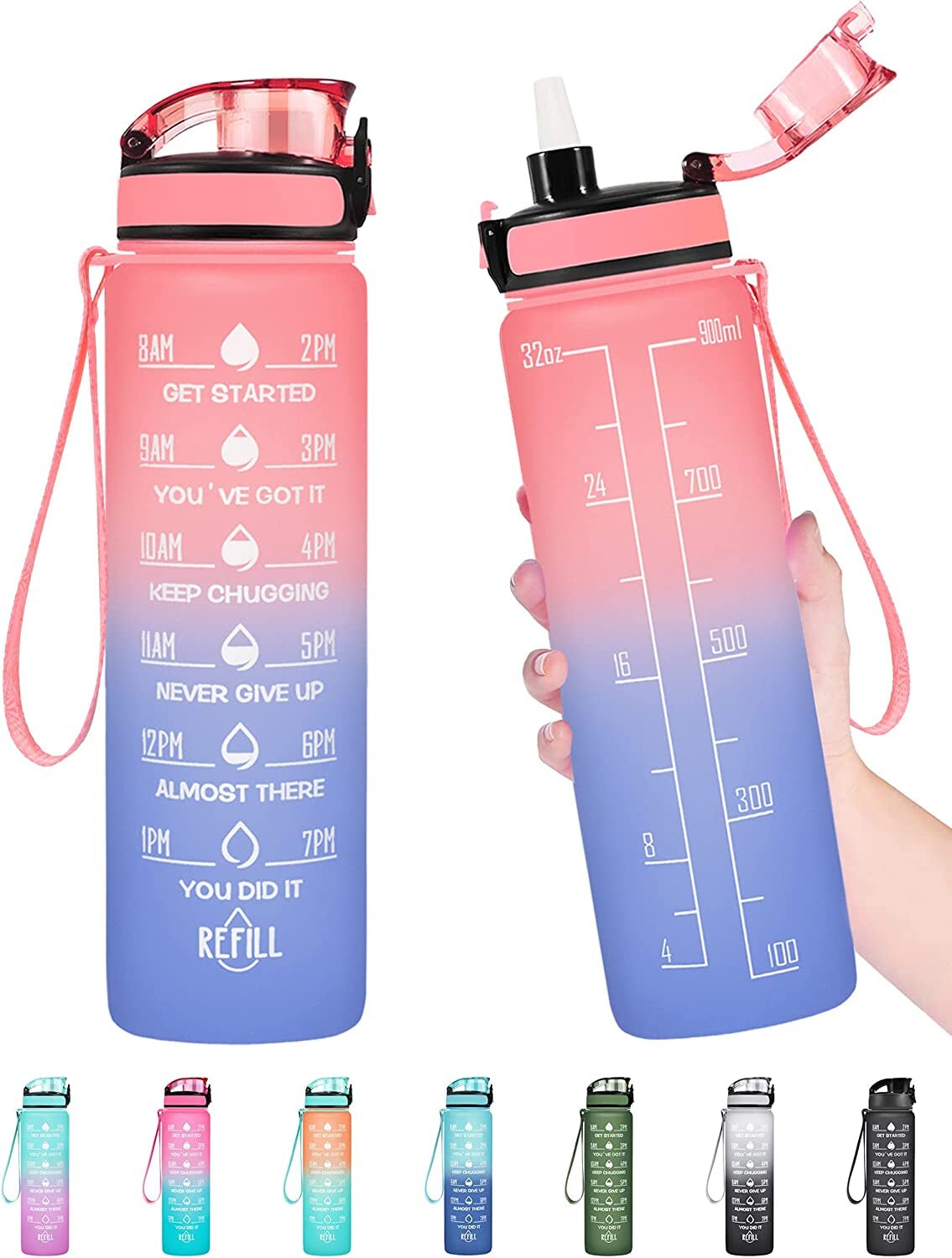 32 Oz Water Bottle, Leakproof BPA &#x26; Toxic Free, Motivational Water Bottle with Times to Drink and Straw, Fitness Sports Water Bottle with Strap for Office, Gym, Outdoor Sports, Gray-Black