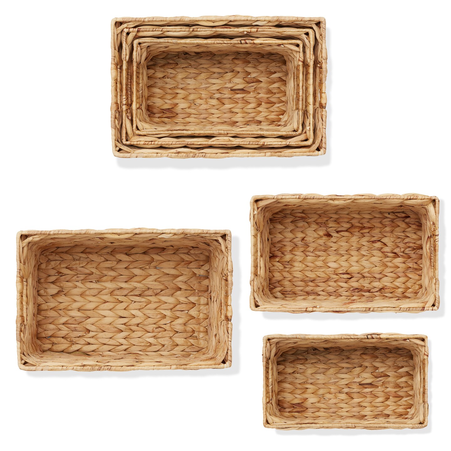 Casafield Set of 3 Water Hyacinth Storage Baskets with Handles - Small, Medium, and Large Woven Nesting Storage Bin Organizers for Shelves in Bathroom, Laundry Room, Pantry