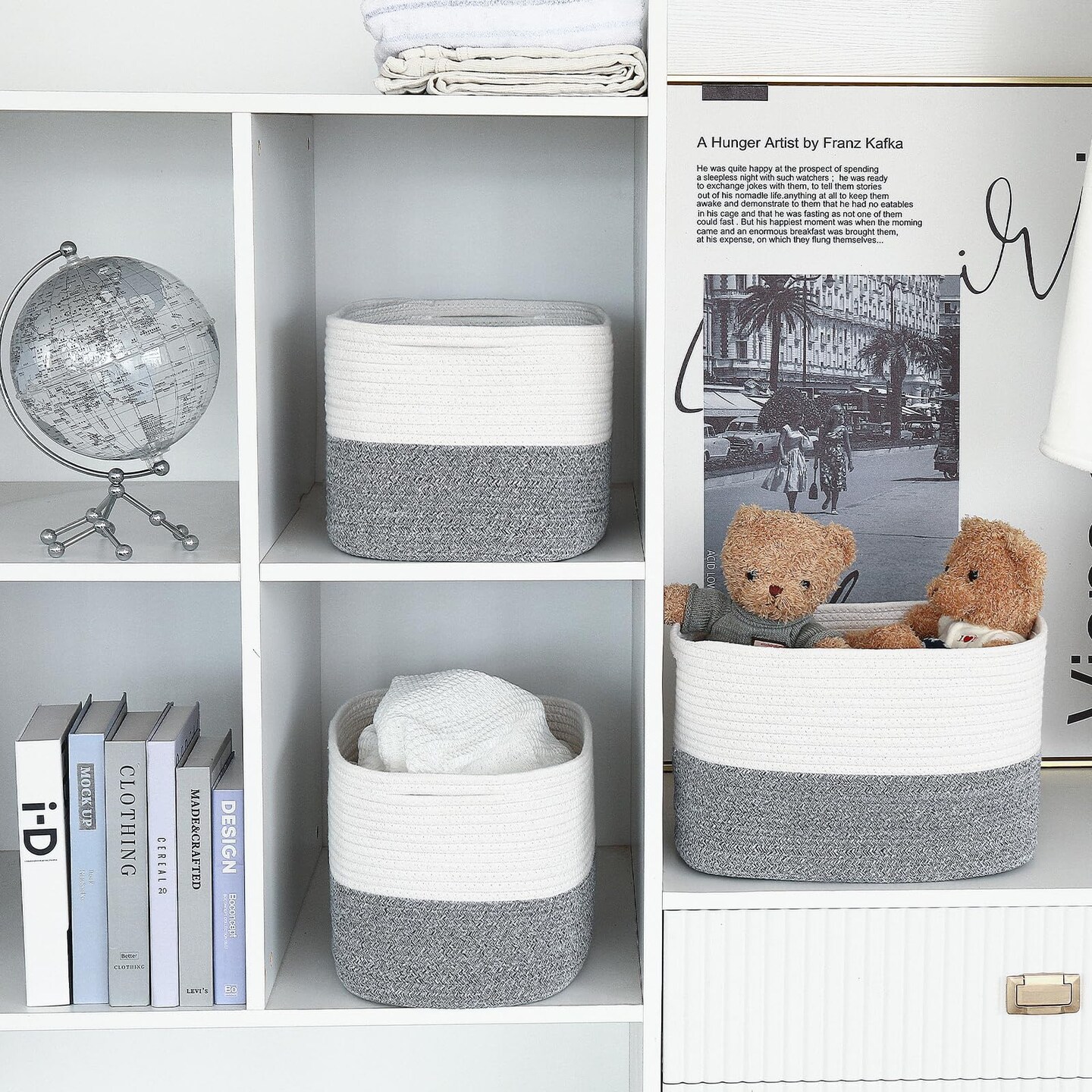 Storage Basket, Cotton Rope Woven Basket with Handles. Blanket Basket for Storing Clothes, Toys, Books, Shelves etc, 15''L x 10''W x 9.5''H, Gray/Off White