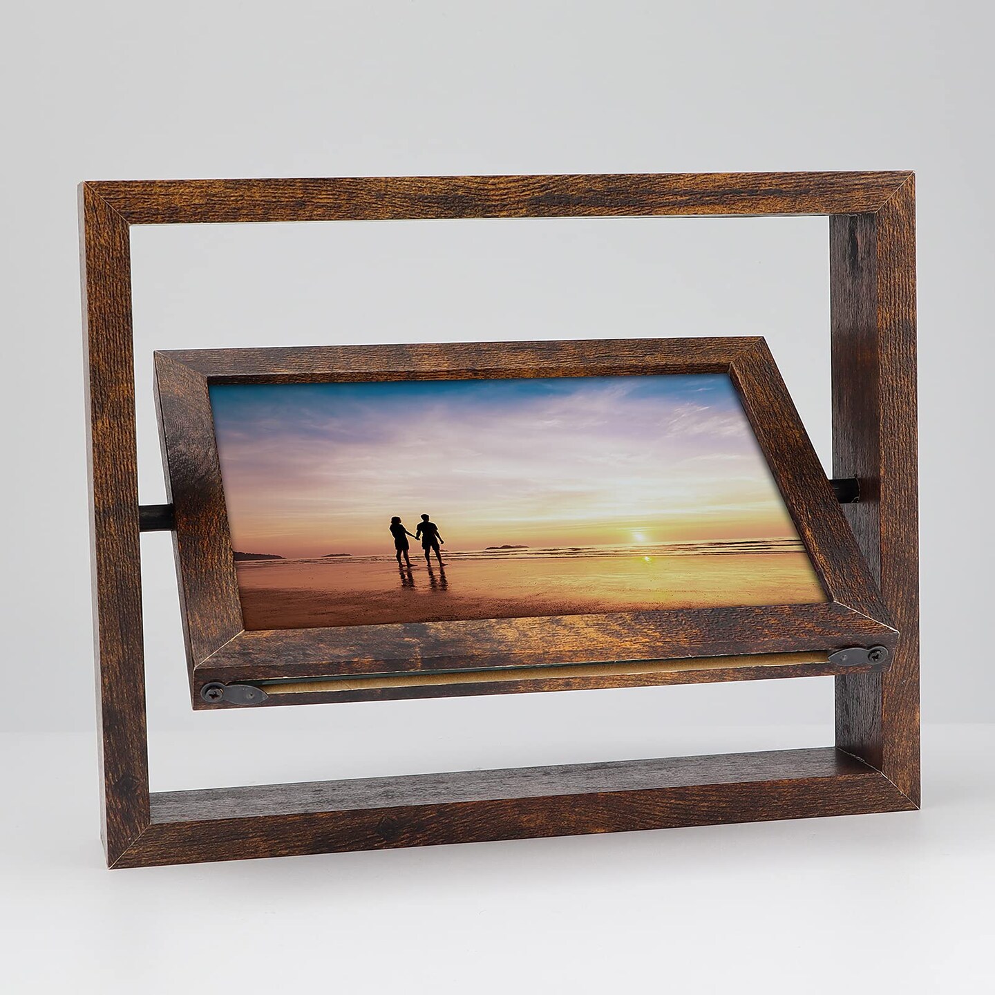 EXYGLO 2 Pack 5x7 Rustic Rotating Floating Picture Frames, Photo Frames for Vertical or Horizontal Tabletop Display, Brown