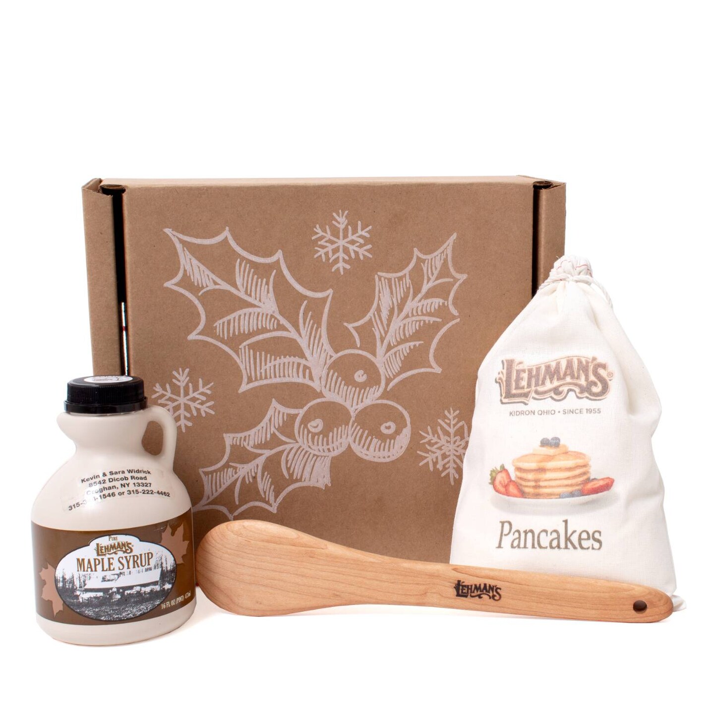 Lehman&#x27;s Pancake Breakfast Gift Box, Pancake Mix with Pure Maple Syrup and 10 inch Flat Wooden Spoon, USA Made