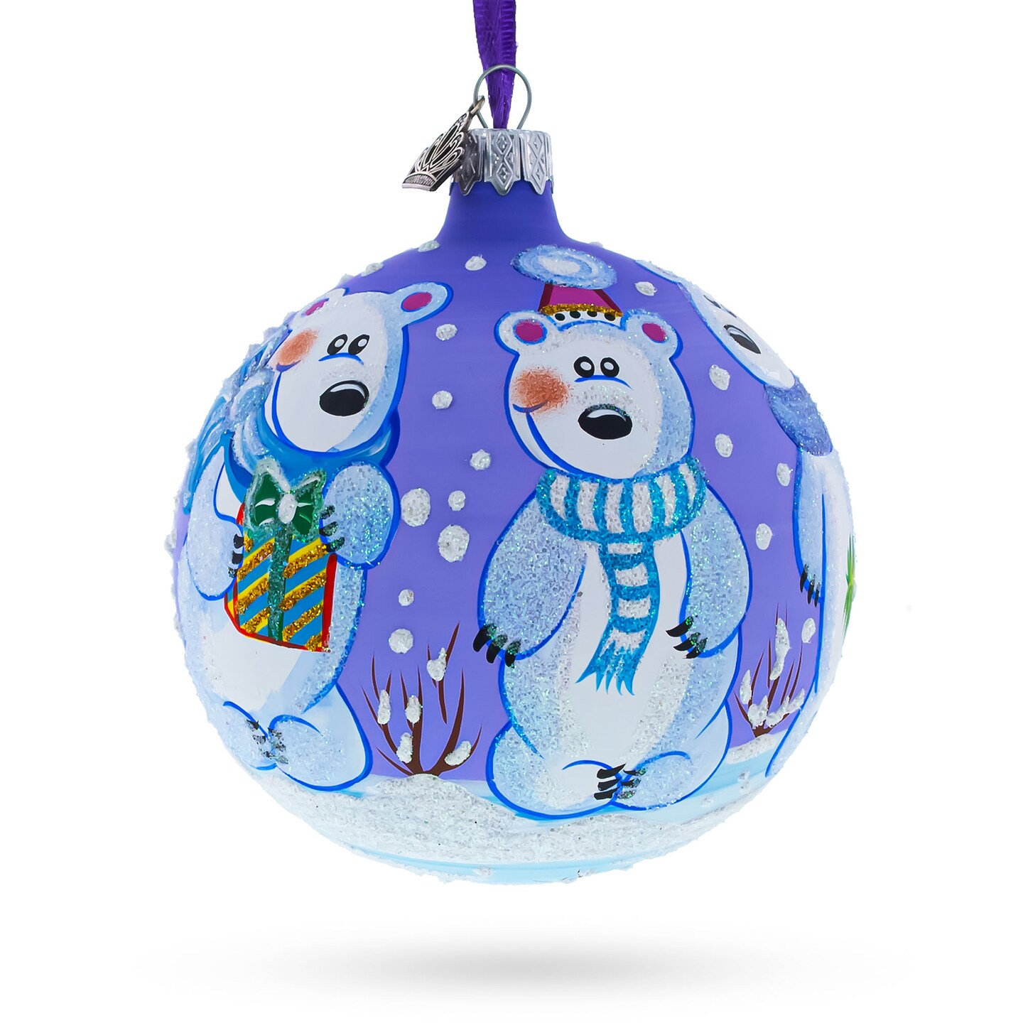 Three Polar Bears Glass Ball Christmas Ornament 4 Inches