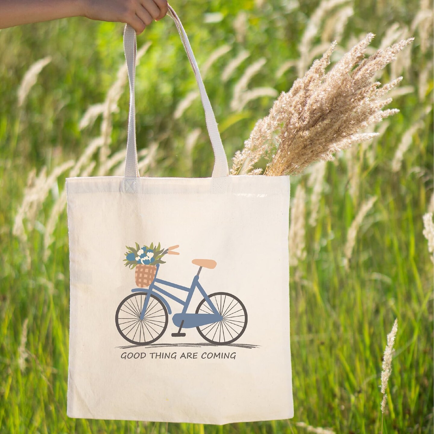 1 Pack Aesthetic Flowers Cotton Canvas Tote Bag Blue Bouquet Bicycle Cloth Tote Bag Cute Cotton Tote Bag Art Canvas Tote Bag Reusable Shopping Bag for Gift