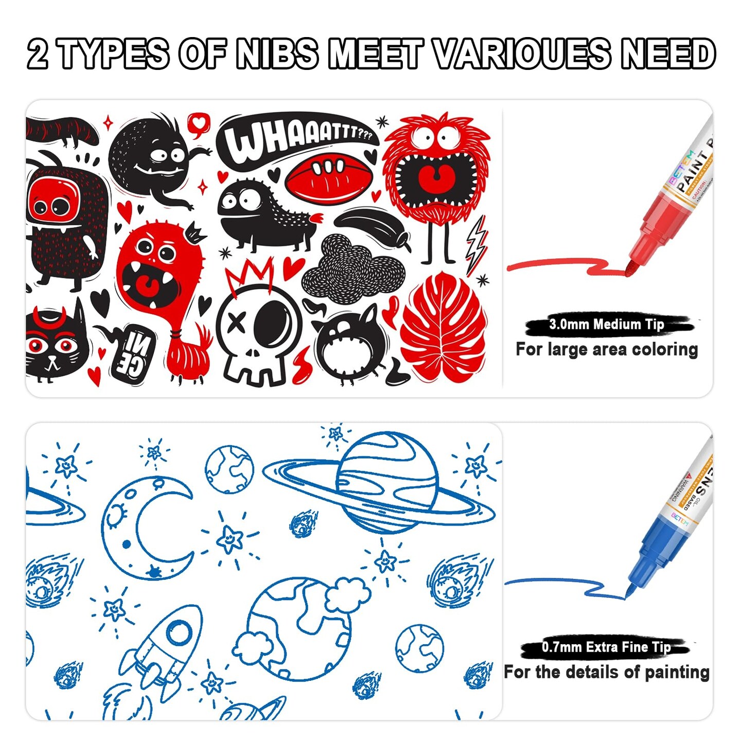 Betem Oil Based Paint Markers, Dual Tip Paint Pens(0.7mm &#x26; 3mm), Gold Silver Permanent Paint Marker Pen, Waterproof, Quick Dry, for Fabric, Rock Painting, Wood, Plastic, Metal, Canvas (2Red2Blue)
