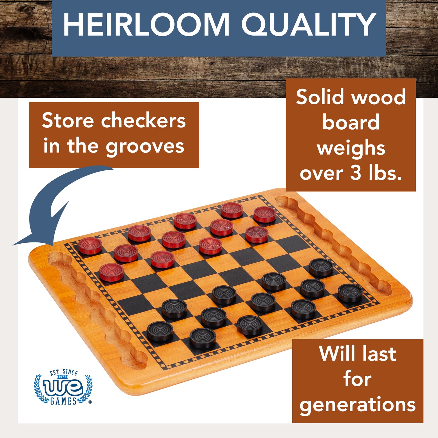 WE Games 14 in. Red and Black Solid Wood Checkers Set, Grooves in Board