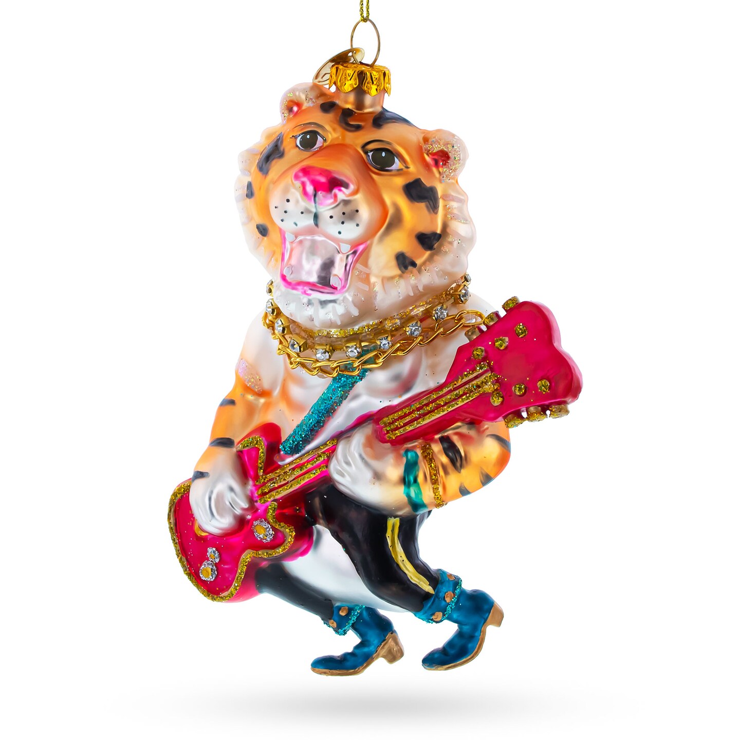 Tiger Playing Bass Guitar Blown Glass Christmas Ornament