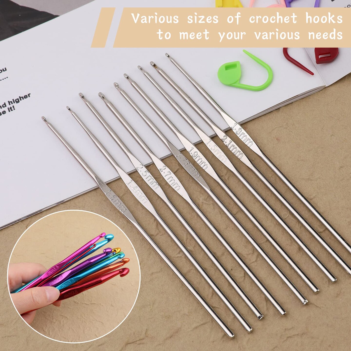 48 Pieces Crochet Hooks Set, 21 Sizes Crochet Needles with Case, Ergonomic Knitting Needles, Crochet Hooks Kit with Crochet Accessories Stitch Markers Blunt Needles for Crocheting Yarn