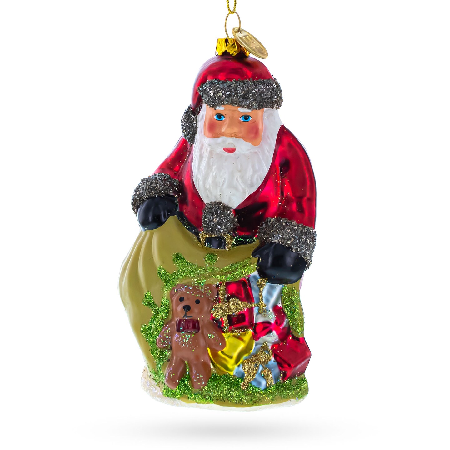 Santa with Gift-Filled Bag Blown Glass Christmas Ornament