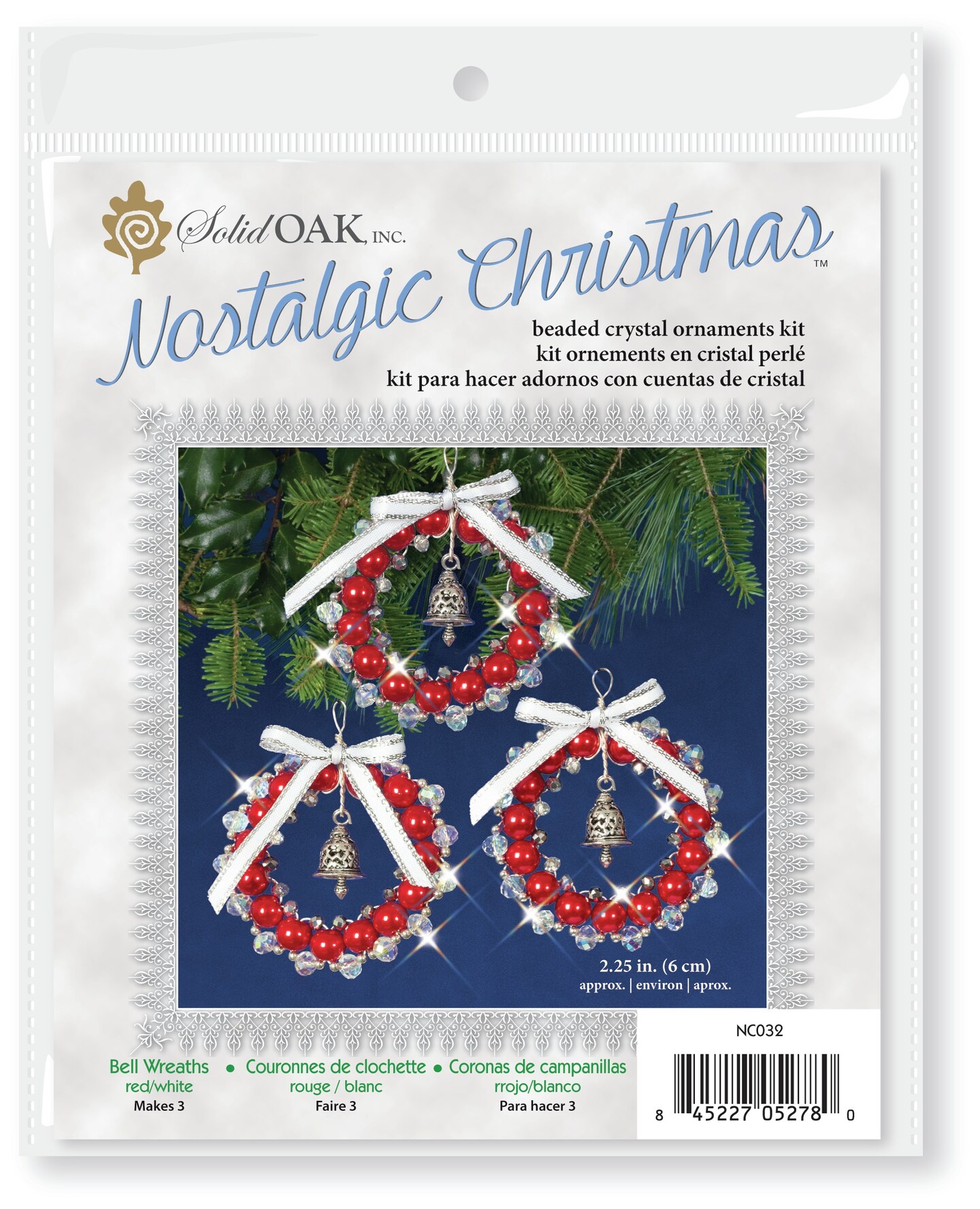 Solid Oak Nostalgic Christmas Beaded Crystal Ornament Kit-Bell Wreaths Red/White/Silver Makes 3