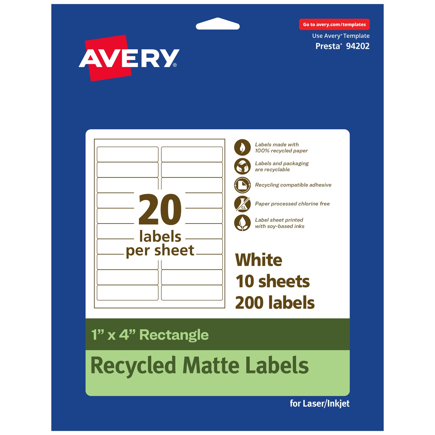 Avery Recycled Matte White Labels,  1&#x22; x 4&#x22; Rectangle