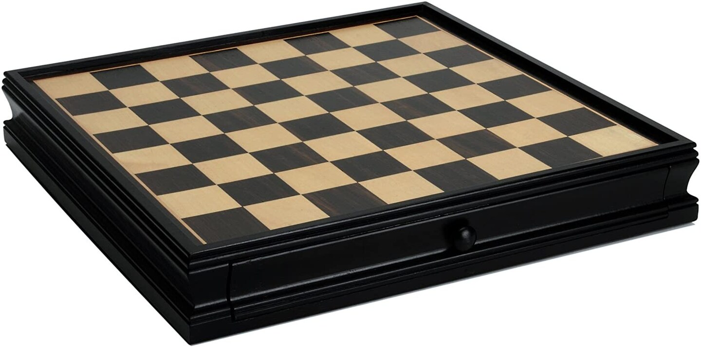WE Games Medieval Chess &#x26; Checkers Game Set - Pewter Chessmen &#x26; Black Stained Wood Board with Storage Drawers 15 in.