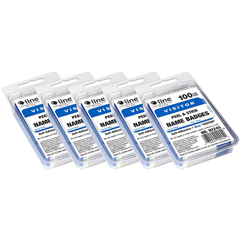 Pressure Sensitive Badges, Visitor, Blue, 3-1/2&#x22; x 2-1/4&#x22;, 100 Per Pack, 5 Packs