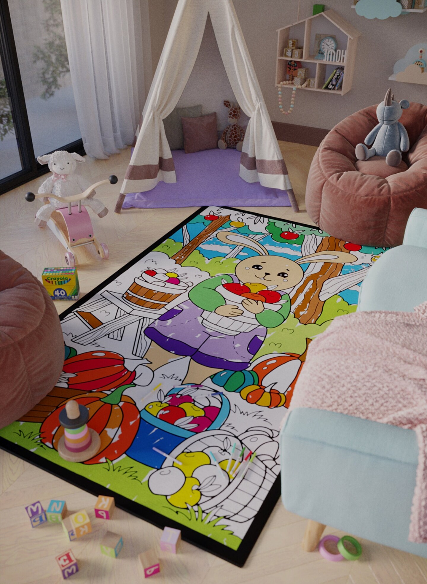 Woodland Nursery Animals Coloring Rug Washable Markers Gift For Kids Toddler Preschool Kindergarten Party Activity Game 1st Birthday Gift