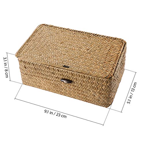 1 Basket with Lids: Seagrass Storage Woven Basket Straw Desktop Rattan 9 inch Hand- Woven Storage Basket Bins Container Organizer for Shelf Desktop Home Decor