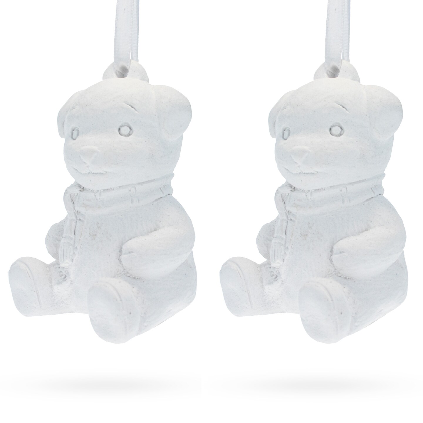 Set of 2 Blank White Unfinished Unpainted Plaster Teddy Bear Ornaments 3.5 Inches