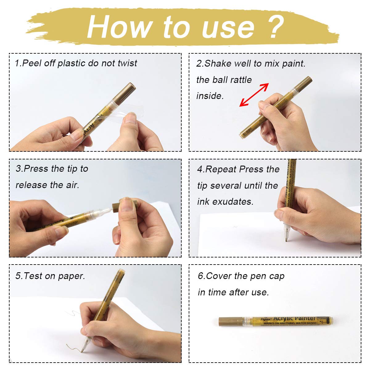 6 Pieces Paint Pen Gold Silver Metallic Permanent Acrylic Markers Set for Fabric Glass Rock Wooden Ceramic Leather Tire Painting, 0.7mm Extra Fine Tip (3pcs Gold+3pcs Silver)