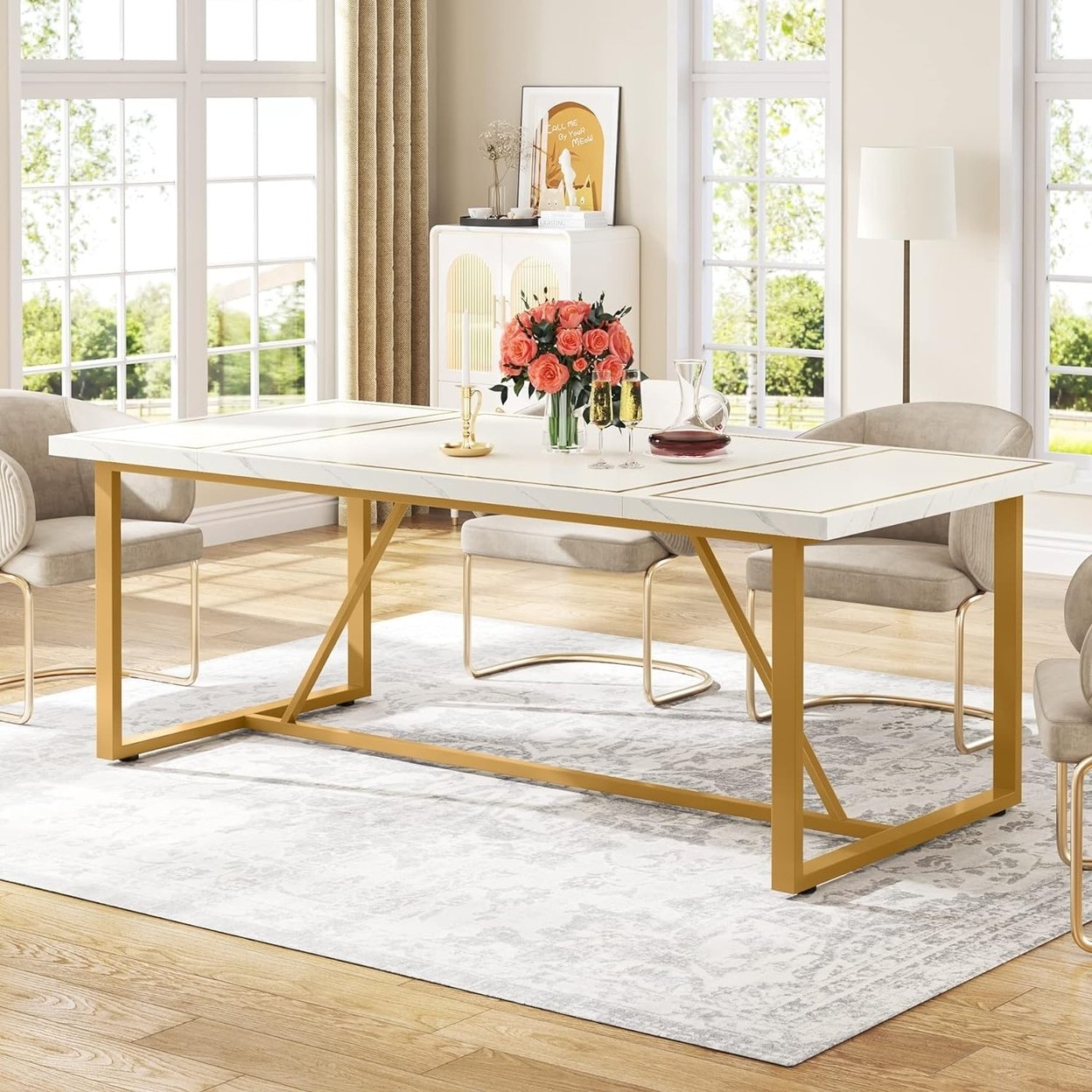 Tribesigns   70.86&#x22; Dining Table for 6 to 8 Modern Kitchen Table Dining Room Table Rectangle White Dinner Table with Gold
