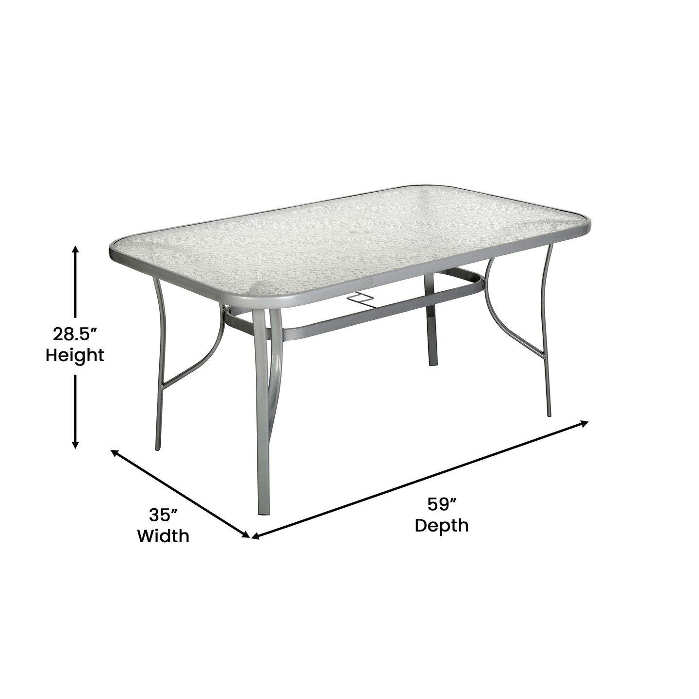 Emma and Oliver Tala Rectangular Tempered Glass Top Patio Table with Umbrella Hole and Black Steel Tube Frame