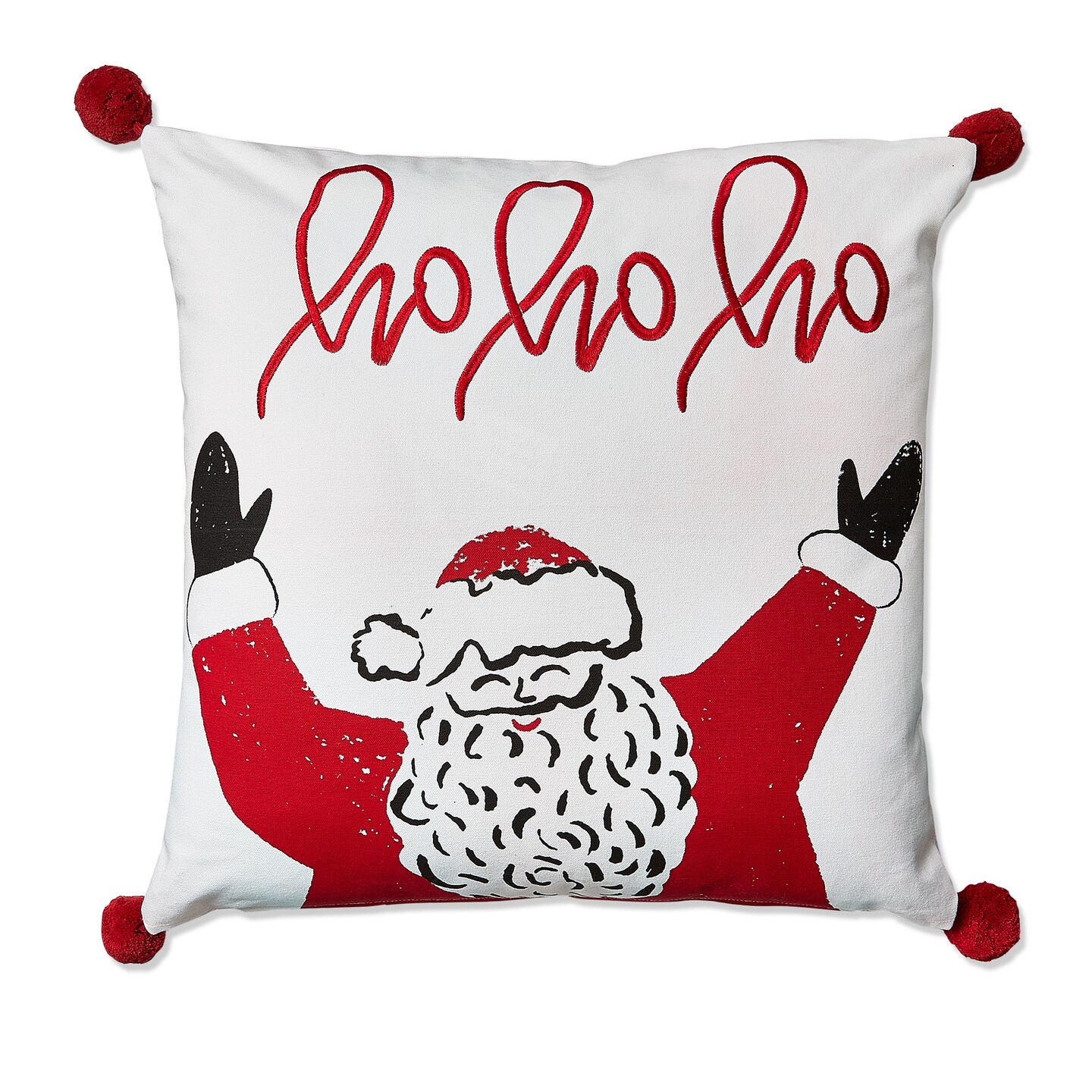 20&#x22;x20&#x22; Christmas White Ho Ho Ho Santa Cotton with Pom Poms Accent Decorative Throw Pillow Poly Filled Removable Insert Square