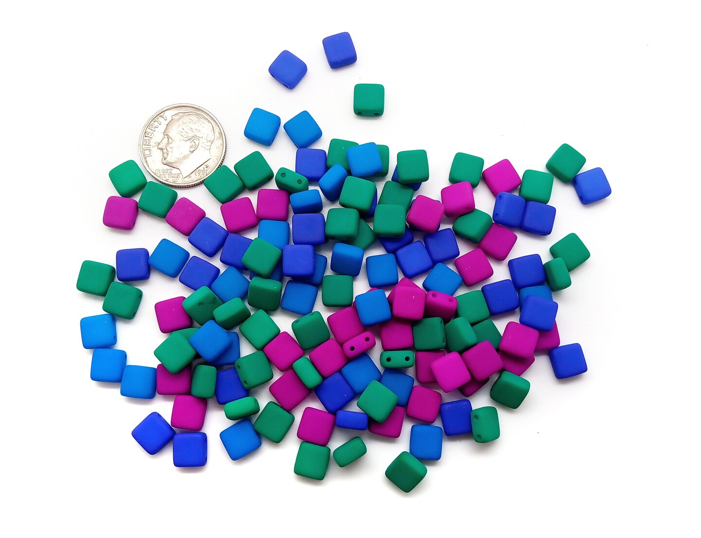 6mm Tile Beads Mix, 50 pieces, 2-Hole Pink-Purple Blue &#x26; Green Matte, Adorabilities