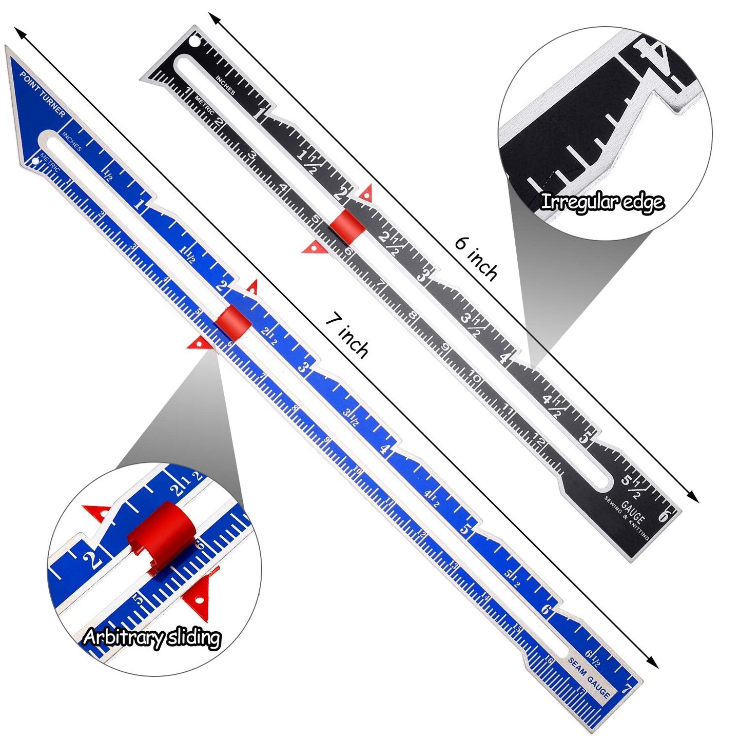 3 PCS Sewing Gauge Sewing Measuring Tool Metal Sliding Gauge Fabric Quilting Ruler Seam Measuring Gauge for DIY Fabric Crafts Quilting Knitting Sewing Hemming Measuring Supplies, 3 Styles