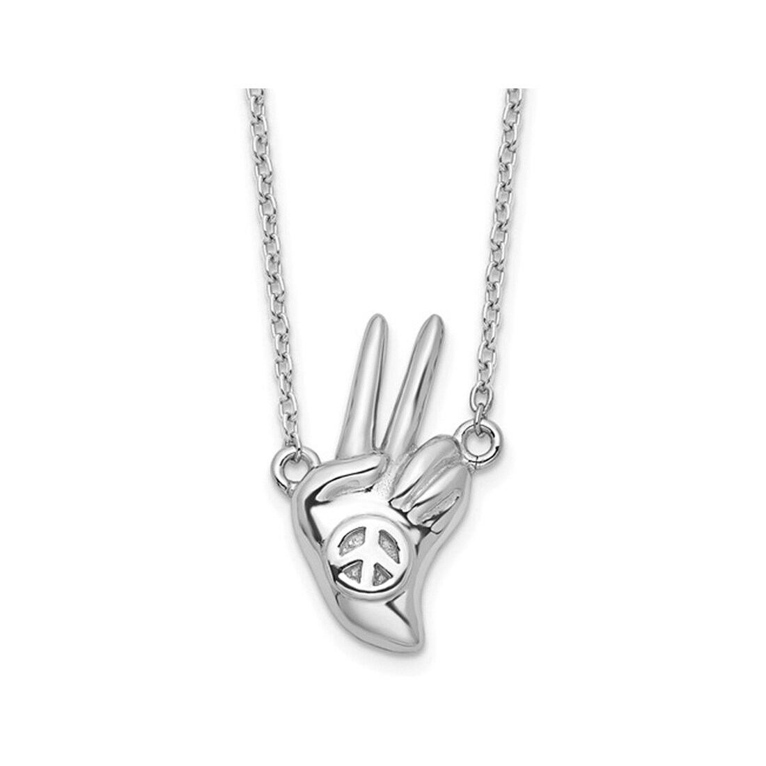 Gem And Harmony Peace Sign Hand Pendant Necklace in Sterling Silver with Chain