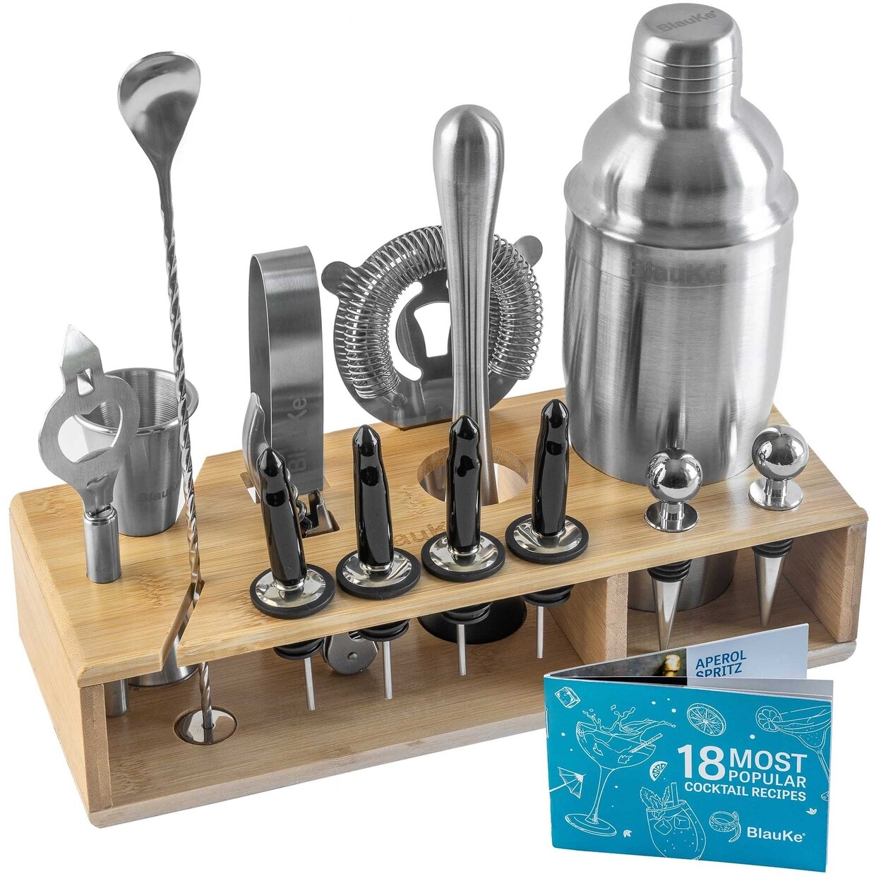 Stainless Steel Cocktail Shaker Set 17-Piece Mixology Bartender Kit Bamboo Stand