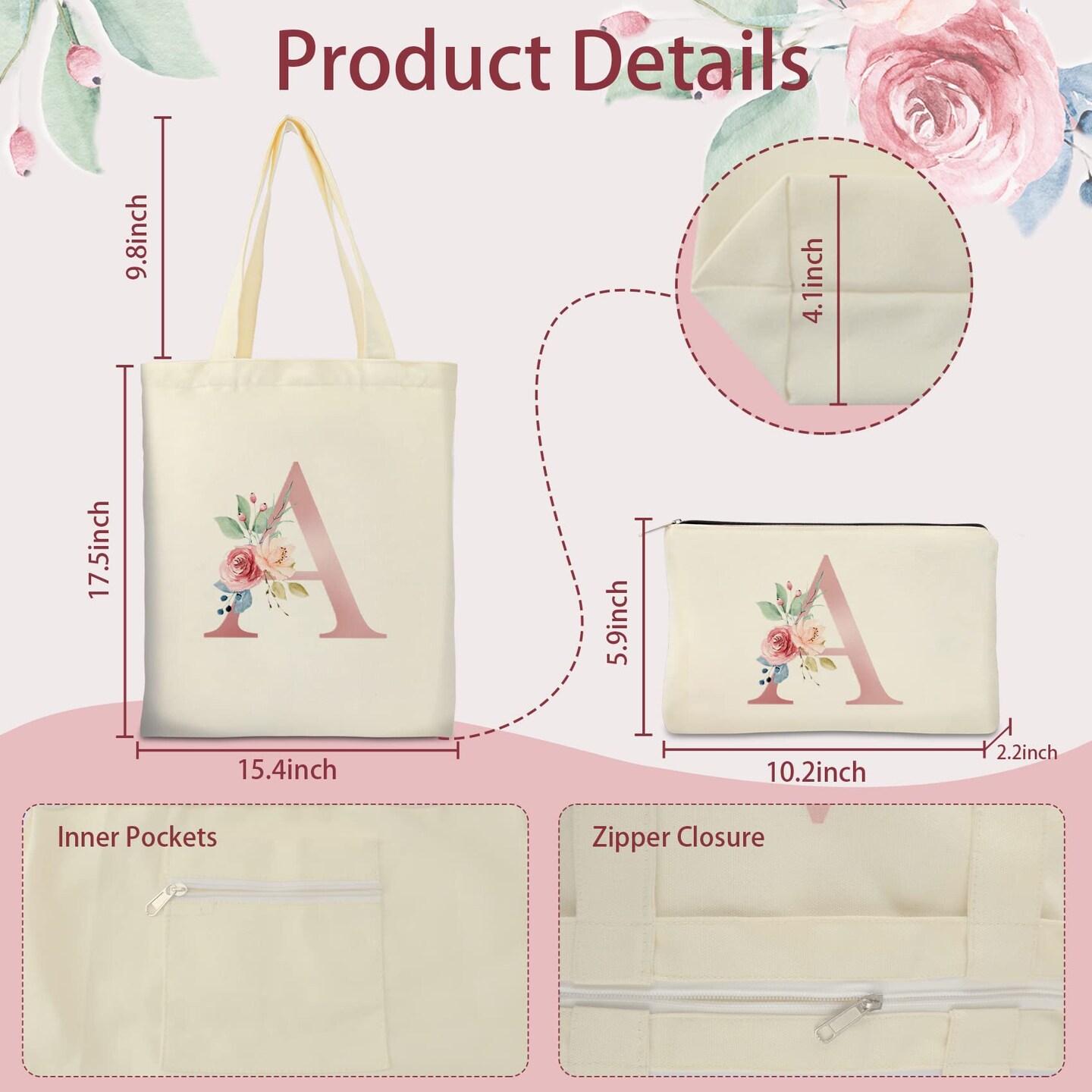 Initial Canvas Tote Bag with Zipper Pockets,Personalized Totes for Women Bridesmaids Teacher,Cosmetic Makeup Bag,Monogrammed Gifts for Wedding Birthday (Letter A)