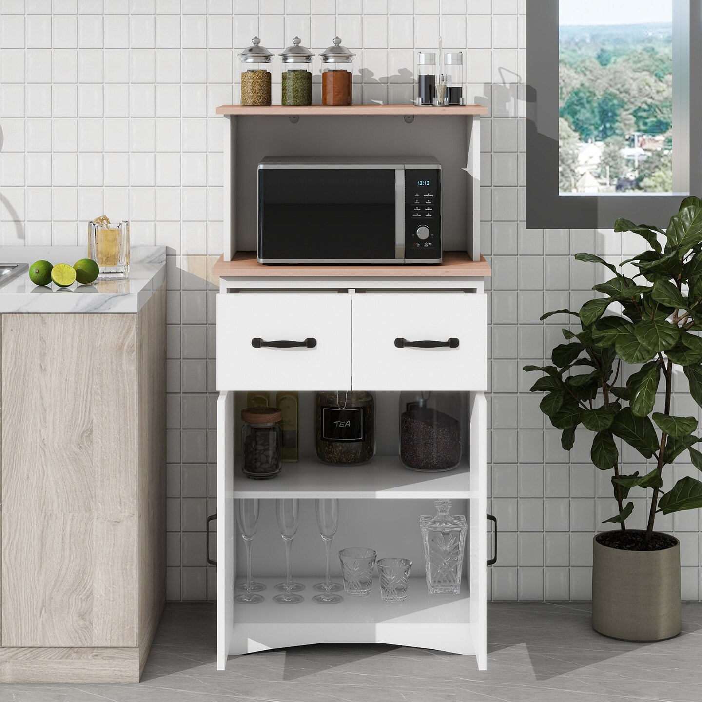 White Wooden Kitchen Cabinet with Microwave Stand | Upgrade Kitchen Storage