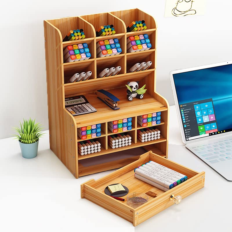 Marbrasse Wooden Pen Organizer, Multi-Functional DIY Pen Holder Box, Desktop Stationary, Easy Assembly, Home Office Art Supplies Organizer Storage with Drawer (B16-Cherry Color)