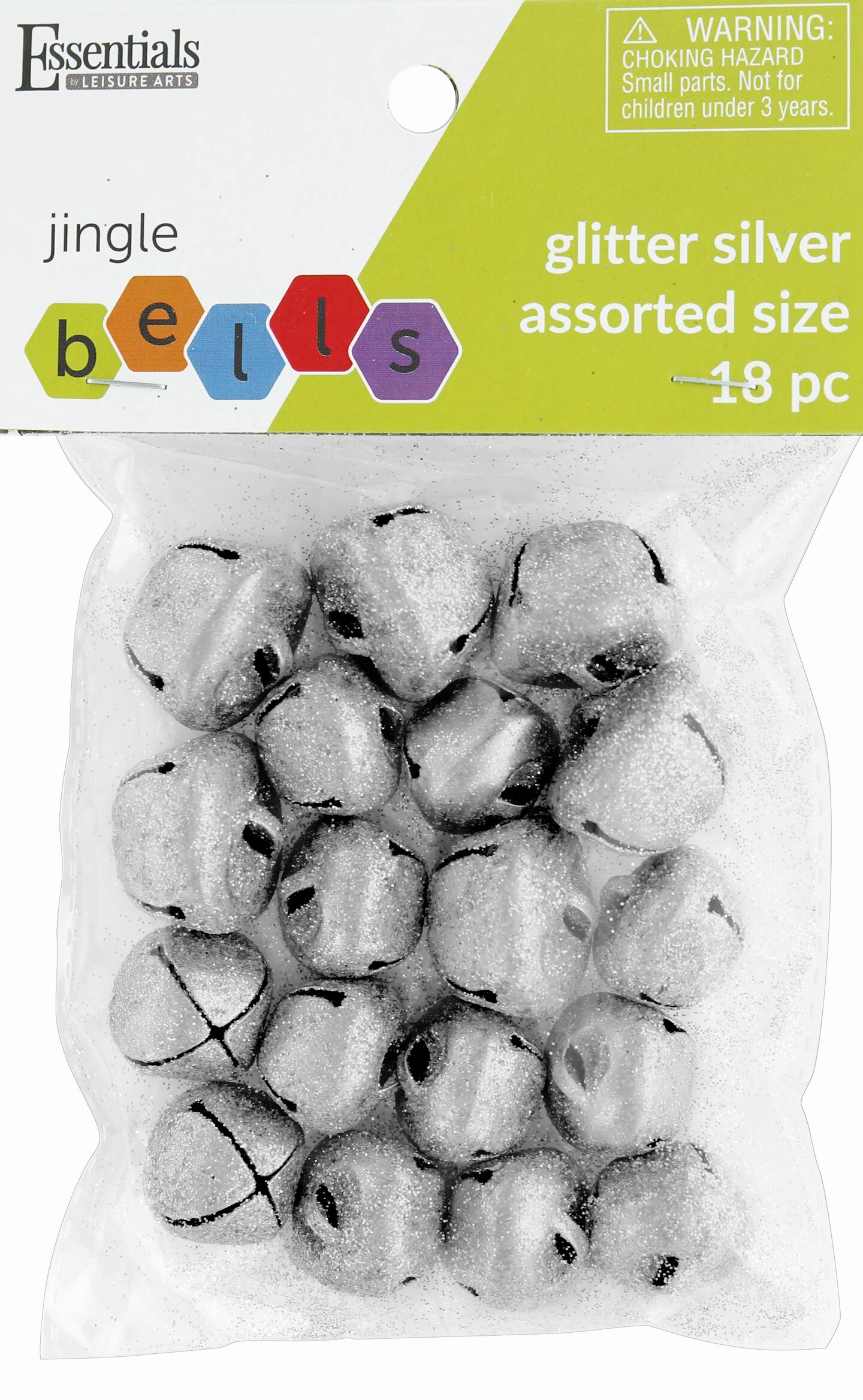 Essentials By Leisure Arts Arts Jingle Bells Glitter Astd Sizes Silver 18pc