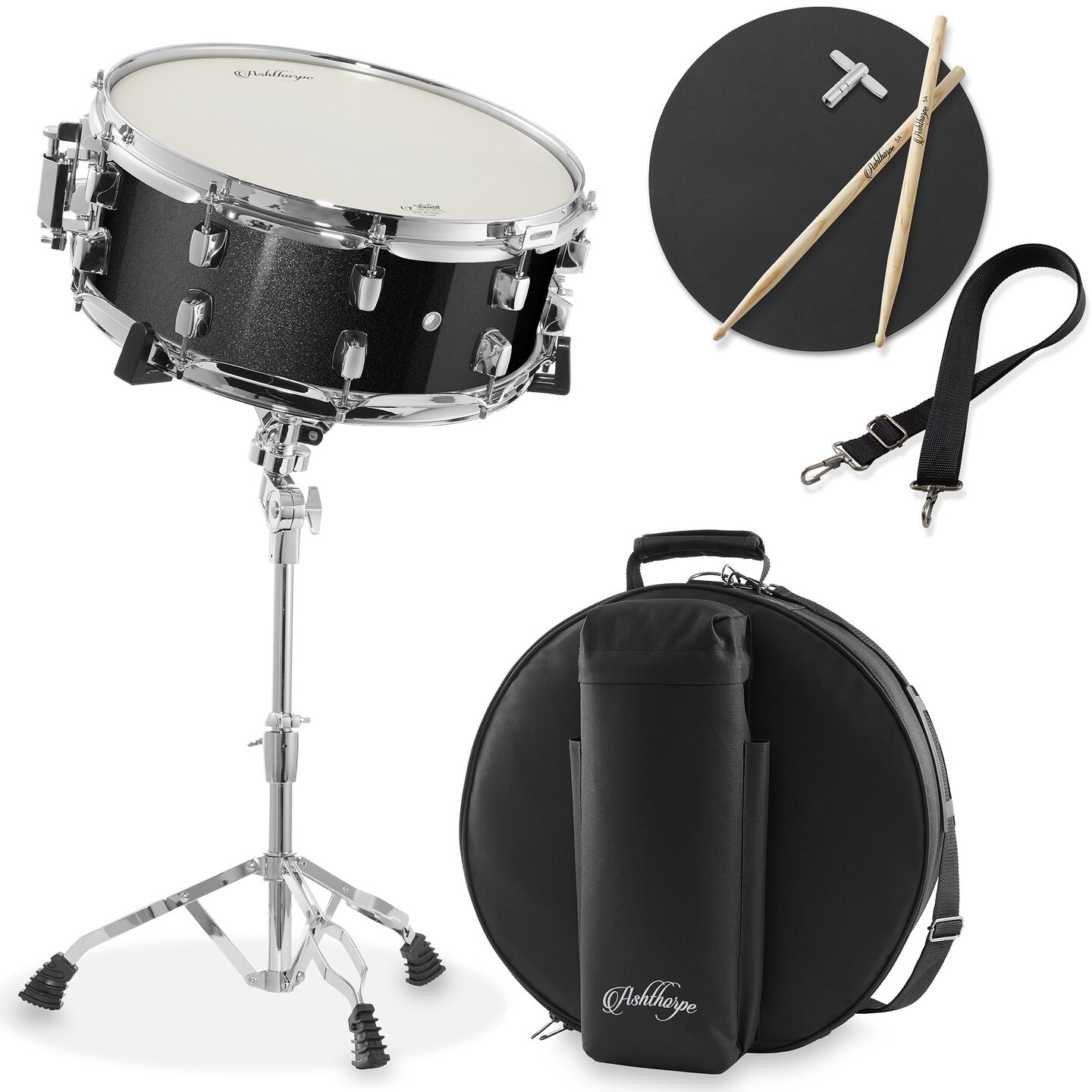 Ashthorpe Snare Drum Set with Remo Head - Student Beginner Kit with Stand, Padded Gig Bag, Practice Pad, Neck Strap, and Sticks