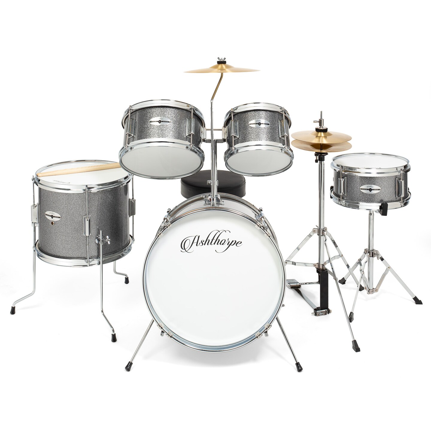 Ashthorpe 5-Piece Complete Junior Drum Set with Genuine Brass Cymbals - Advanced Beginner Kit with 16" Bass, Adjustable Throne, Cymbals, Hi-Hats, Pedals & Drumsticks
