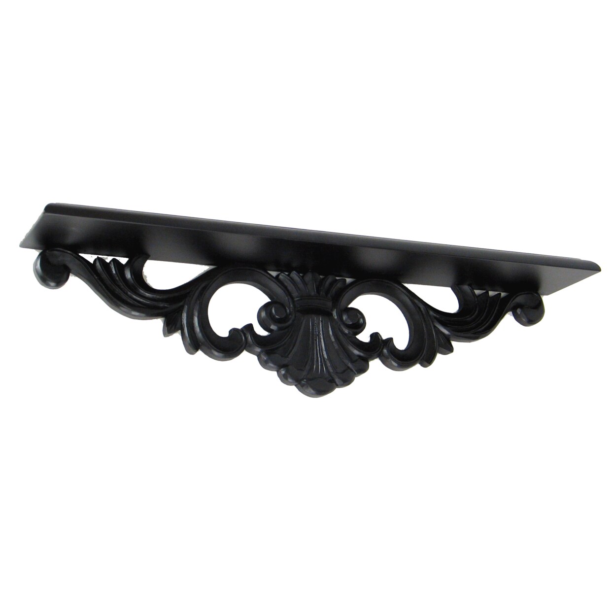 Saltoro Sherpi Hand Carved Wooden Wall Shelf with Floral Design Display, Black-