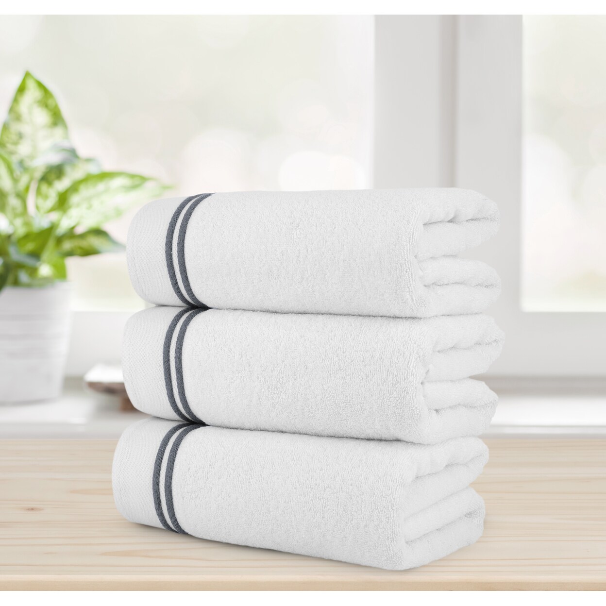 Chic Home   Luxurious 3-Piece 100% Pure Turkish Cotton White Bath Towels 30&#x22; x 60&#x22; Striped Hem